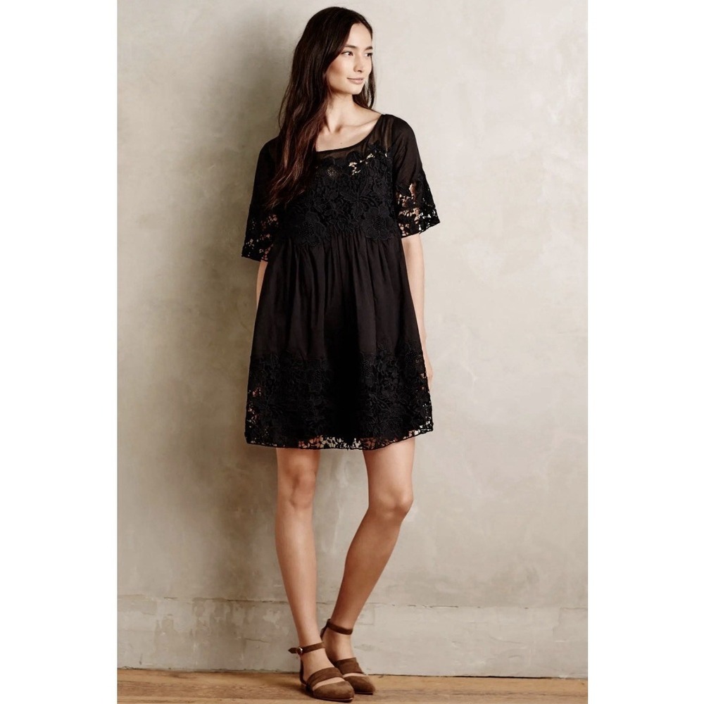 Anthropologie Holding Horses Sz 0 Black Magnolia Lace Swing Dress‎ Boho Sheer